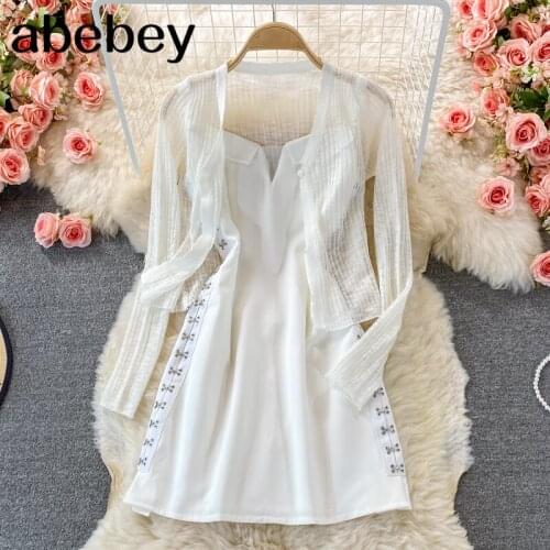 2021 New Summer Vintage V-Neck long sleeve short Knitted Top + high waist pleated cross bandage strap Dress 2-piece set