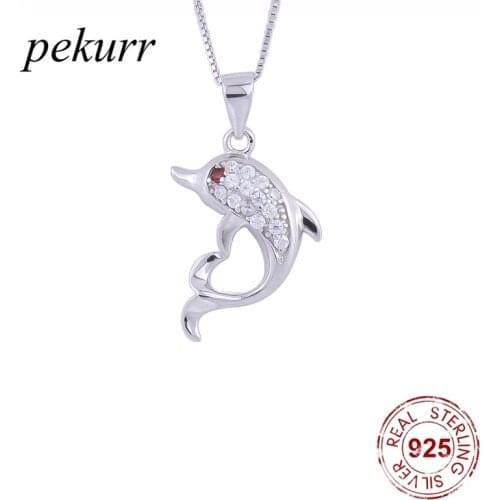 Pekurr 925 Sterling Silver Crystal Dolphin Fish Necklaces For Women Zircon Cute Dolphin Pendants Collar Fashion Jewelry Gifts