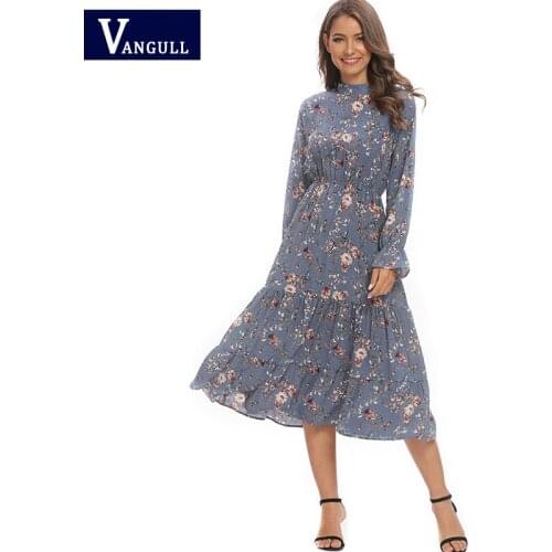 VANGULL New Floral Chiffon blue Dress Crew neck Long Sleeve Lotus leaf Elastic high waist Mid-length A-line Chic Feminine Dress