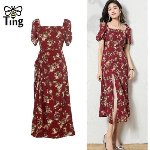 Tingfly Summer France Vintage Square Collar Floral Print Casual Dress Women Sexy Side Split Drawstring Vestido Streetwear Frocks