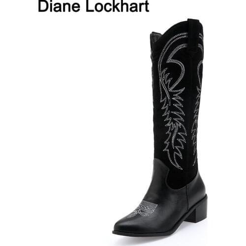 2019 classic embroidery Western Cowgirl Boots Pointed Toe Black Brown Winter Cowboy Boots Knee High Boots Shoes Women