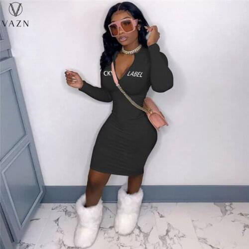 VAZN 2021 Lucky label Dress Overalls Sexy Soft Elastic Full Sleeve High Waist Thin Midi Dresses Clothing Young Dress