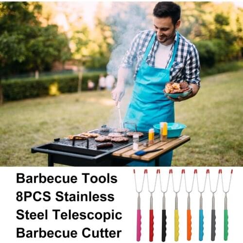 8pcs BBQ Skewer Stick Stainless Steel Telescoping Roasting Forks Wooden Handle BBQ Needle Barbecue Meat String Grill Accessories