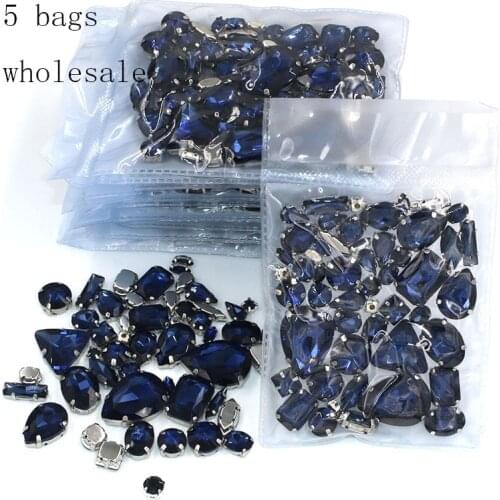 Clothing accessories Wholesale 5 bags mixed shape glass crystal sliver base Ink-blue sew on rhinestones diy wedding dress