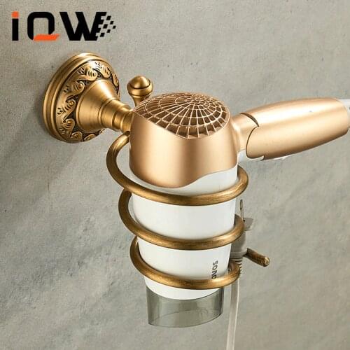 Antique Brass Hair Dryer Holder Nail Free Bathroom Accessories