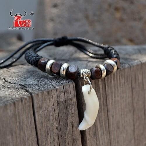 YS004 Natural bone punk bracelet wood beads bracelet men spike bracelet women Primitive tribes jewelry Fake wolf Tooth Bangles