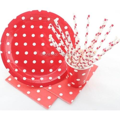 Red Chevron Striped Dot Pattern Party Paper Tableware Wedding Table Decor Paper Plates,Party Cups, Drinking Straws, Napkins Set