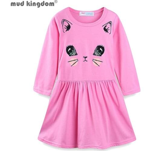 Mudkingdom Cute Girls Dress Cotton Long Sleeve Kids Cat Mouse Print Clothes Children Cartoon Playwear