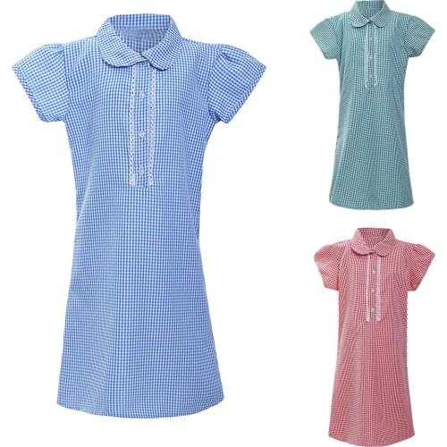 Kid Gingham Dress Girl Princess Turndown Lace Plaid Check School Dress Outfit Clothing Casual Loosse Button Short Sleeve Dresses