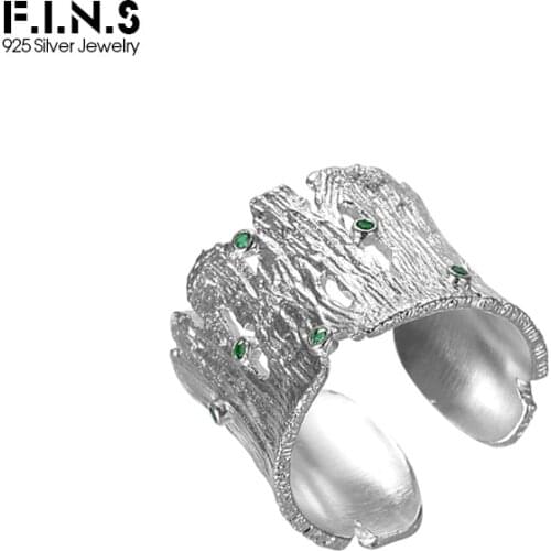 F.I.N.S Forest Style S925 Sterling Silver Cuff Ring Female INS Tree Bark Uneven Surface Wide Open Zircon Finger Rings for Women