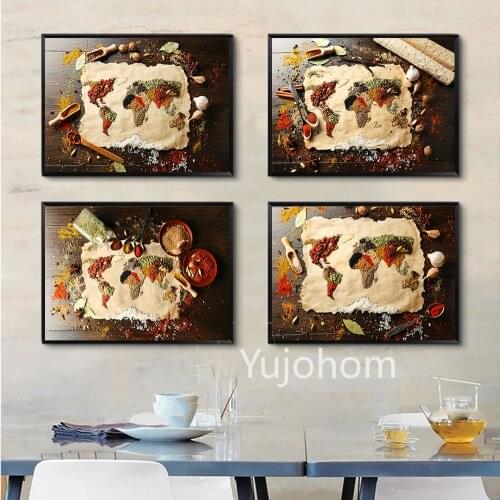 World Map with Kitchen Spice Canvas Painting Poster and Print Wall Art Food Picture Cuadros Kitchen Restaurant Dinner Room Decor