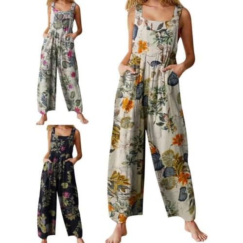 Summer Bohemian Jumpsuit Women Elegance Fashion Elegant Landscape Floral Printed Pocket Button Camisole Jumpsuits Outfits