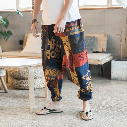2021 summer Chinese style mens trousers wide-leg pants cotton and linen cool mens casual linen Nepal loose bloomers
