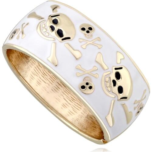 HAHA&TOTO Trendy Statement Chunky Enamel Skull Bangle Cuff Bracelet for Women Girls Punk Style Gold Plated Enamel Bracelet