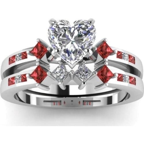 Milangirl Couple Ring Men Ring White/Red Zircon Heart Women Ring Bridal Engagement Wedding Band Valentines Day