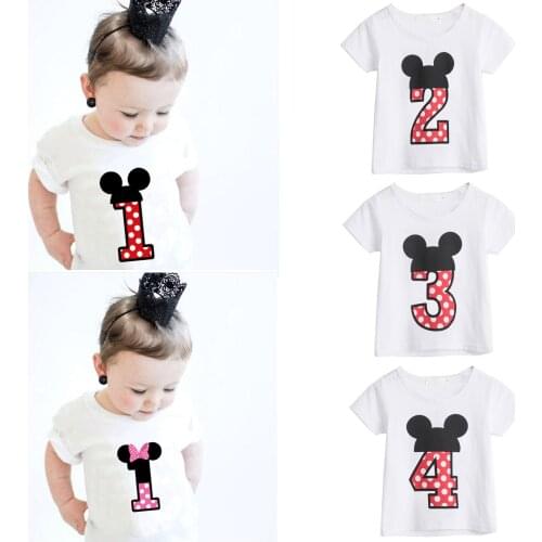 Baby Boys Girls T-shirt Cartoon Mouse Dots Birthday T shirts Children Clothing White Tee Baby 1 2 3 4 Years Kids Clothes Tops