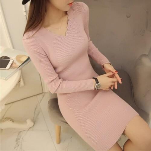 V-Neck Pullovers Pullover 2021 Summer Autumn Womens Long Sleeve Sweater Pullovers Female Knitted Sweater Long Dress Ladies Soli