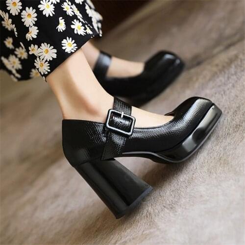 PXELENA Vintage Fashion Show Women Shoes Block Chunky High Heels Pumps Lady Buckle Square Toe 2021 Spring Fall Party Date 34-46