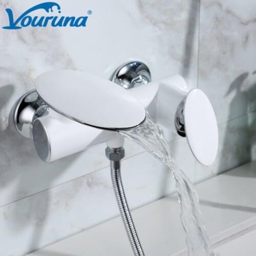 VOURUNA Luxury Mashroom Shape Black / White Wall-Mount Bathtub Faucet with Hand Shower