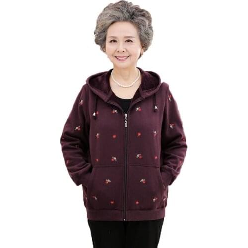 Middle-aged and Elderly Womens Coat Spring Autumn Plus Size Embroidery Jacket Plus Velvet Hooded Casual Outwear Sportswear K110
