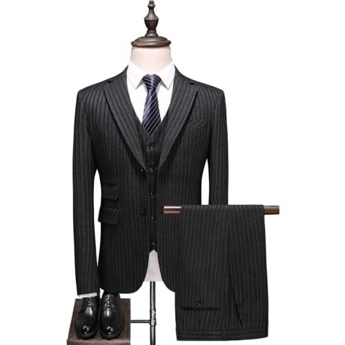 Wedding men suit 3 Pieces Set luxury suits for men Double buckle Stripe Mens suit dress Men Tuxedo Gentle Modern Suit men