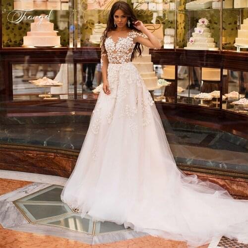 Traugel Sexy Illusion Three Quarter Tulle Vintage Wedding Dresses Luxury Scoop Neck Appliques Court Train A Line Bridal Gowns