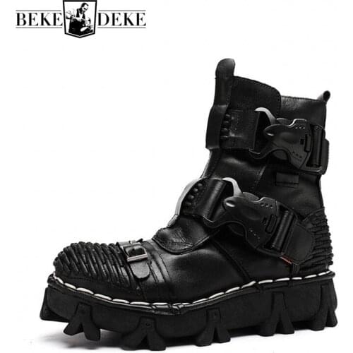 Vintage Mens Casual Genuine Leather Biker Boots Thick Bottom Height Increasing Fashion Short Boots Cowhide Round Toe Ankle Boot