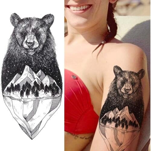 Black Galaxy Bear Temporary Tattoos Sticker Realistic Fake Mountain Forest Tatoos Waterproof Body Art Arm Tattoos For Women Men