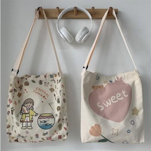 Ulzzang Japanese Cartoon Element Womens Canvas Bag Retro Simple Literature Art Style Adjustable Messenger Shoulder Bag