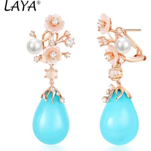 Laya 925 Sterling Silver High Quality Zircon White Chalcedony Natural Shell Flower Drop Earrings For Women Fashion Jewelry