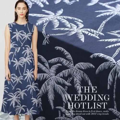 114CM Wide 35MM Coconut Trees Print Dark Blue Heavy Silk Fabric for Spring Summer Dress Shirt Clothes Jacket B027