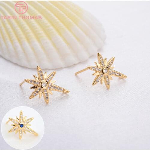 2PCS 11x16MM 24K Gold Color Brass with Zircon Star Stud Earrings High Quality Diy Jewelry Findings Accessories