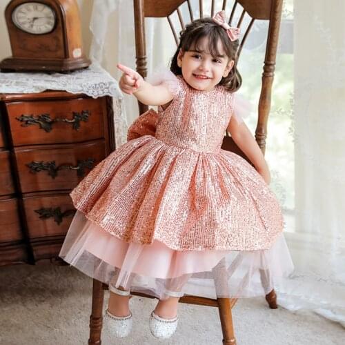 2021 Formal Child Elegant 1st Birthday Dress For Baby Girl Baptism Lace Princess Dresses Sequin Party Fluffy Tutu Dress Vestidos