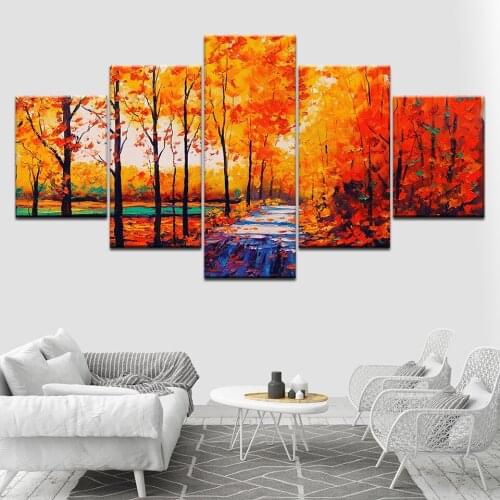 Abstract Art Red Tree Scenery Five Pieces Canvas Oil Printings Painting Home Wall Decor Framed Modern Space For Living Room