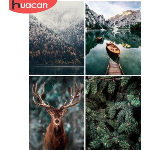 HUACAN Diamond Painting Forest Deer Full Drill Diamond Embroidery Lake Landscape Mosaic Cross Stitch Wall Stickers