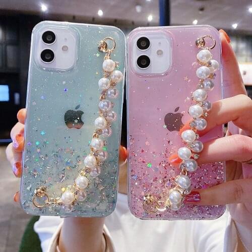 Gradient Glitter Wrist Chain Clear Phone Case For Huawei P50 P40 Pro Mate 40 P20 P30 Pro Mate 30 Mate 20 Lite Y9 2019 Soft Cover