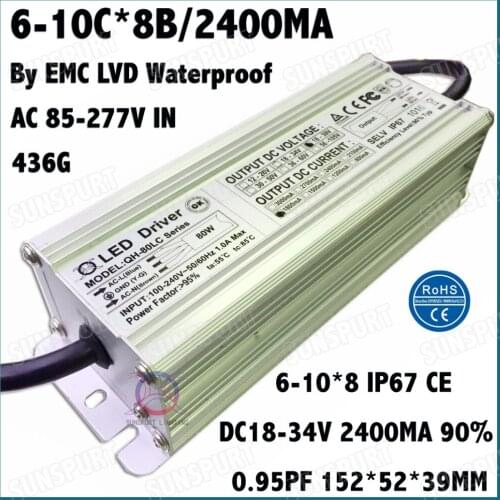 2 Pcs By EMC LVD IP67 80W AC85-277V LED Driver 6-10Cx8B 2400mA DC18-34V Constant Current LED Power For Spotlights Free Shipping
