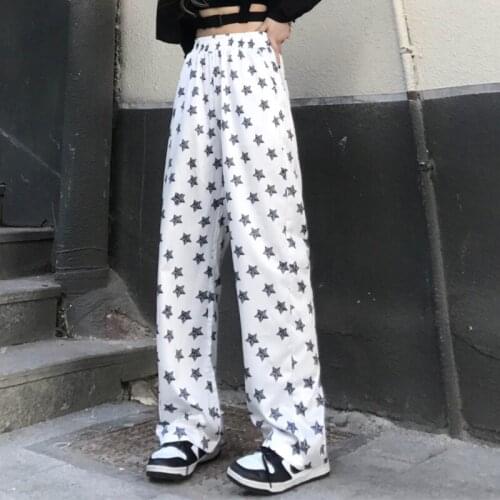 JMPRS Korean Streetwear Women Pants Elastic Waist Vintage Star Print Straight Summer Thin Trousers Loose Casual Wide Leg Pants