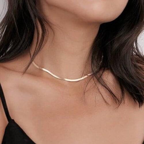 Laramoi Flat Snake Chain Chokers Necklaces Women Stainless Steel Gold-plated Clavicle Chain Personality Fashion Party Jewelry