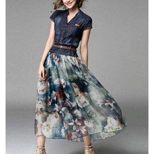 Summer Retro Patchwork Dress Short-sleeved V-neck Shirt Dress V-neck Slim Slimming Womens One-piece Dress Denim Print Skirt