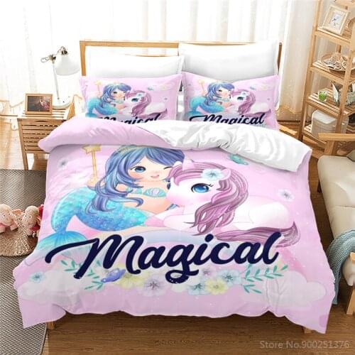 Kawaii Mermaid Unicorn Bedding Set 3D Cartoon Print Duvet Cover Pillowcase Set Home Textile for Baby Kids Girls Bedroom Decor
