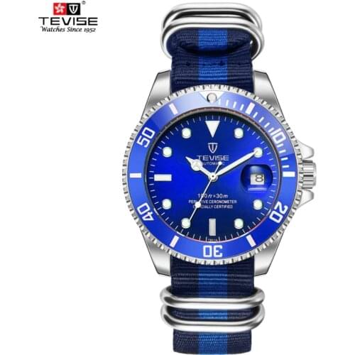 TEVISE Blue Watch Men Canvas Strap Mens Watches Date Luminous Luxury Male Clock Automatic Self-Wind Mechanical Wristwatches 2019