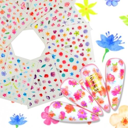 WUF 1 PCS Pink Flower Nail Decals Water Leaf Sliders Paper Nail Art Decor Gel Polish Sticker Manicure Foils