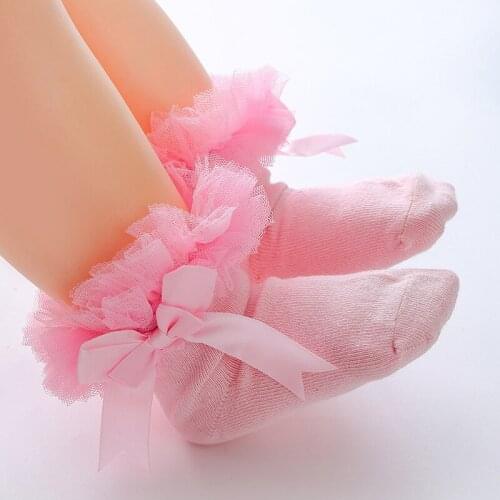 Baby Girls Socks With Bow Tie Lace Ruffle Princess Cotton Sock with Ribbons Multi Colors Gray Red Black Pink White Princes socks