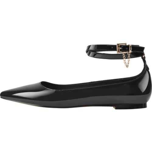 Onlymaker Womens Pointed Toe Flats Shinning Patent Leather Dress Ballet Ankle Chain Buckle Shoes Female Comfortable Fashion