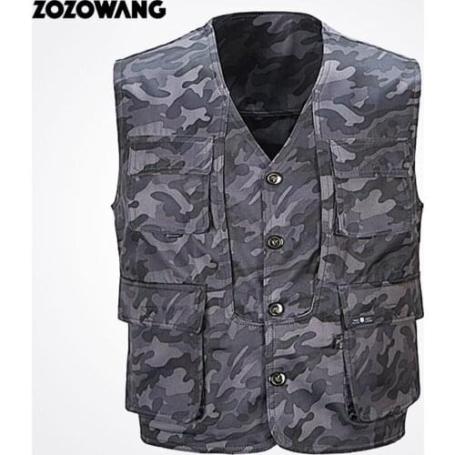 ZOZOWANG 2019 Autumn Army vest v neck print camouflage single breasted vest men fashion pockets plus size loose waist coat men
