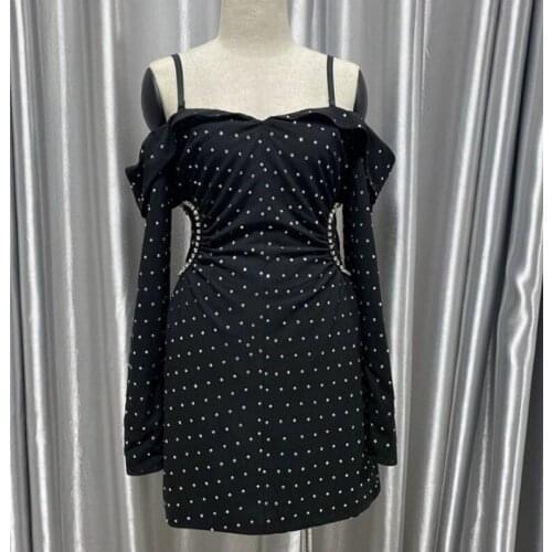 2021 New Arrive Diamond Pleated High Waist Off Shoulder Slit Dress Celebrity Dress With Detachable Shoulder Strap