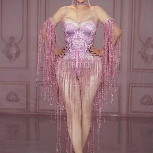 Pink Tassel Sleeve Crystals Jumpsuit Nightclub DJ Female Singer Sexy Elastic Leotard Bar Party Stage Wear Rhinestones Costume