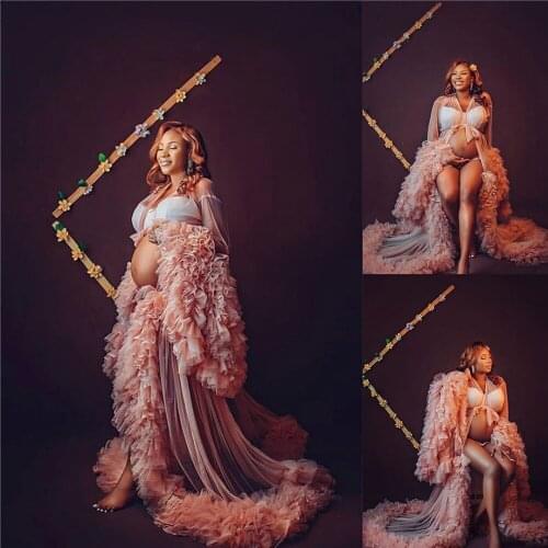 Chic Pregnant Woman Photo Shoot Dresses Tiered Ruffles Nightgowns Bathrobe Sleepwear Dress Bride Party Wedding Robe Nightdress