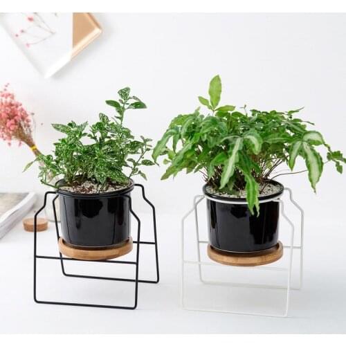 Modern Geometric Ceramic Flower Pots Iron Rack Bamboo Tray Set Succulent Plants Pots Succulent Planter Plants Pots